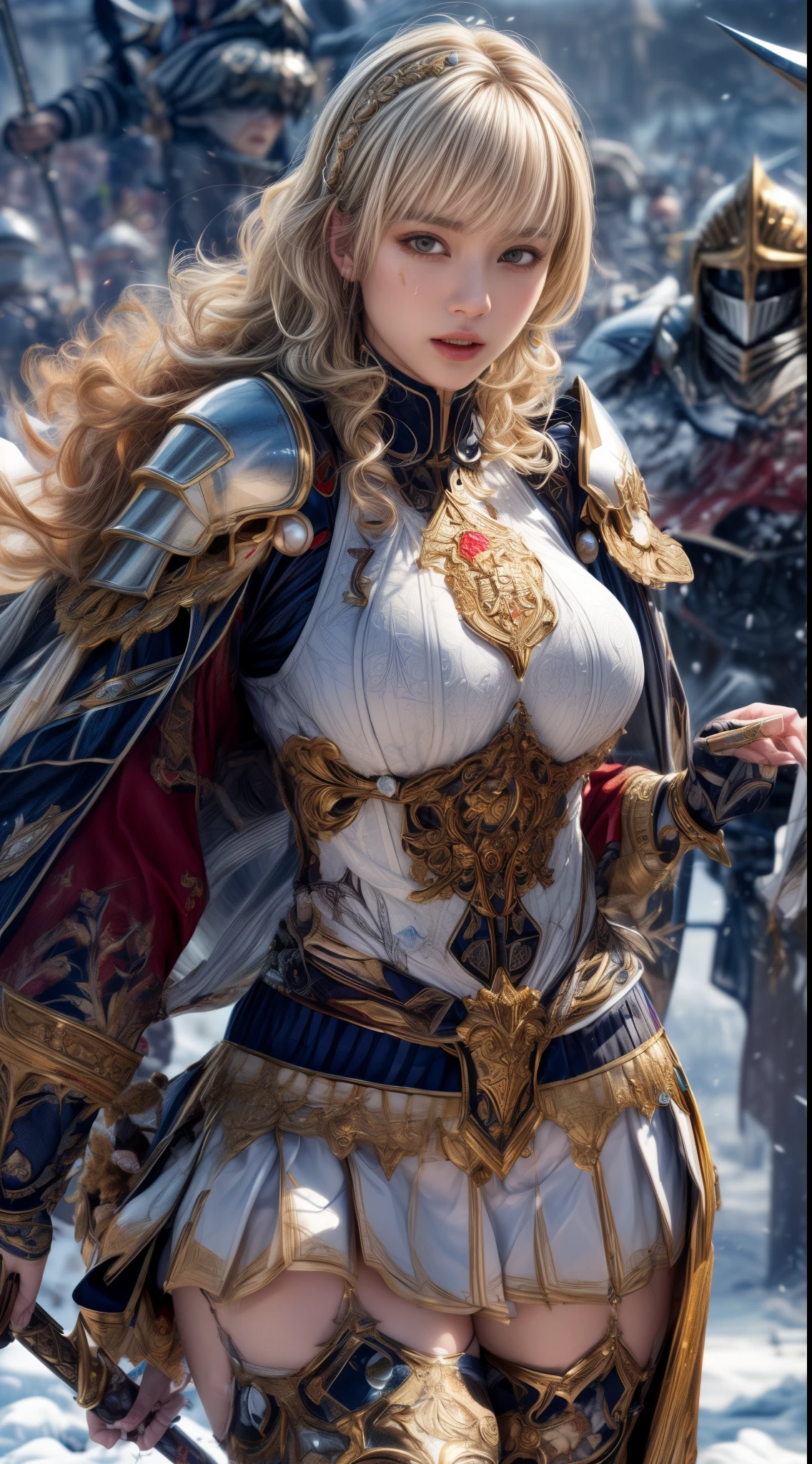 Very beautiful woman、Slender women、(Detailed face)、Realistic Skin、((holy knight)), ((Pearl White Armor))、((((Black armor with very fine and intricate decoration:1.1))))、((Delicate photo))，(Girl Astepeace RAW Photo Details:1.25), (highest quality:1.6), (超A high resolution:1.5), (Realistic:1.75), 8K resolution, Canon EOS R5, 50mm, Absurd, Ultra-detailed,Cinema Lighting,((battlefield))、((battle))、(((White skirt with embellishments)))、Thigh-high socks、Shin Guards、((Blonde))、((Curly Hair))、((Drill Hair))、((Wavy short hair with bangs,))、Get six-pack、Cape、Beautiful Armor、(((Has a huge weapon)))、(In combat)、The wind is blowing、((Symmetrical Armor))、((((Blizzard))))、(((Leading a large group of knights:1.2)))、Banner、Armor with a snow and ice motif、(((Battle Scene)))、((nsfw:1.1))