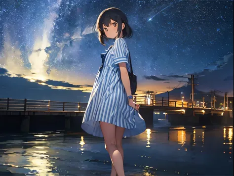 Big Dipper、Night view of the port town and starry sky、Blue and white striped shirt dress、Sandals for bare feet、Sisters