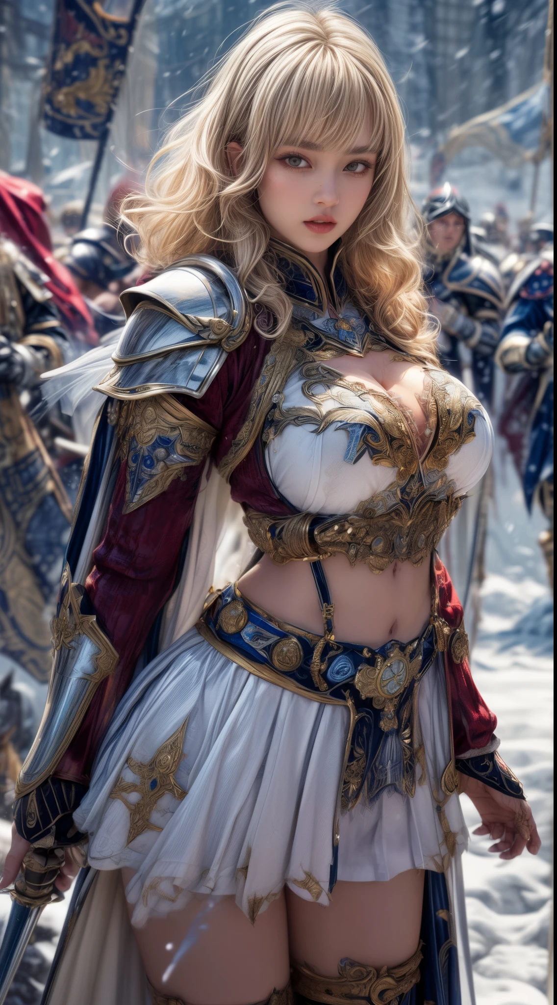 Very beautiful woman、Slender women、(Detailed face)、Realistic Skin、((holy knight)), ((Pearl White Armor))、((((Black armor with very fine and intricate decoration:1.1))))、((Delicate photo))，(Girl Astepeace RAW Photo Details:1.25), (highest quality:1.6), (超A high resolution:1.5), (Realistic:1.75), 8K resolution, Canon EOS R5, 50mm, Absurd, Ultra-detailed,Cinema Lighting,((battlefield))、((battle))、(((White skirt with embellishments)))、Thigh-high socks、Shin Guards、((Blonde))、((Curly Hair))、((Drill Hair))、((Wavy short hair with bangs,))、Get six-pack、Cape、Beautiful Armor、(((Has a huge weapon)))、(In combat)、The wind is blowing、((Symmetrical Armor))、((((Blizzard))))、(((Leading a large group of knights:1.2)))、Banner、Armor with a snow and ice motif、(((Battle Scene)))、((nsfw:1.1))、(Underwear visible)
