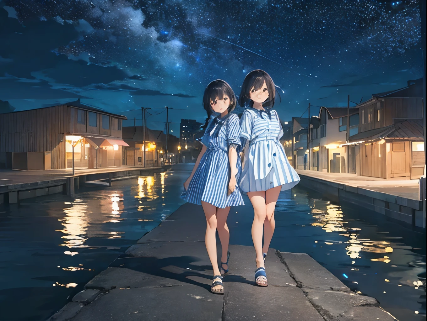 Big Dipper、Night view of the port town and starry sky、Blue and white vertical striped shirt dress、Sandals for bare feet、Sisters、The skirt of the dress flips up softly.