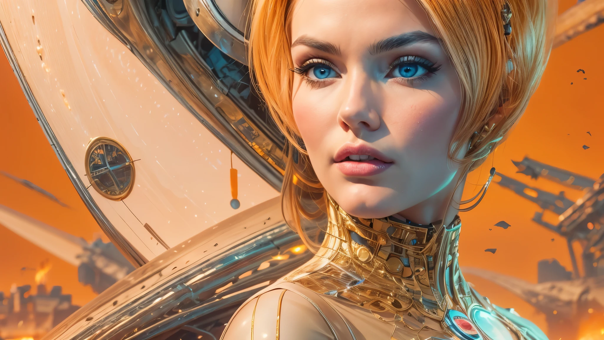 arafed image of a white woman in a futuristic suit with a spaceship in the background, movie art, in front of an orange background, inspired by Robert McGinnis, female protagonist, megastructure in the background, portrait of an ai astronaut, astronauts, an astronaut, portrait of a astronaut skeletor, perfect android girl, detailed eyes, perfectly detailed teeth, frank franzzeta and sakimichan  