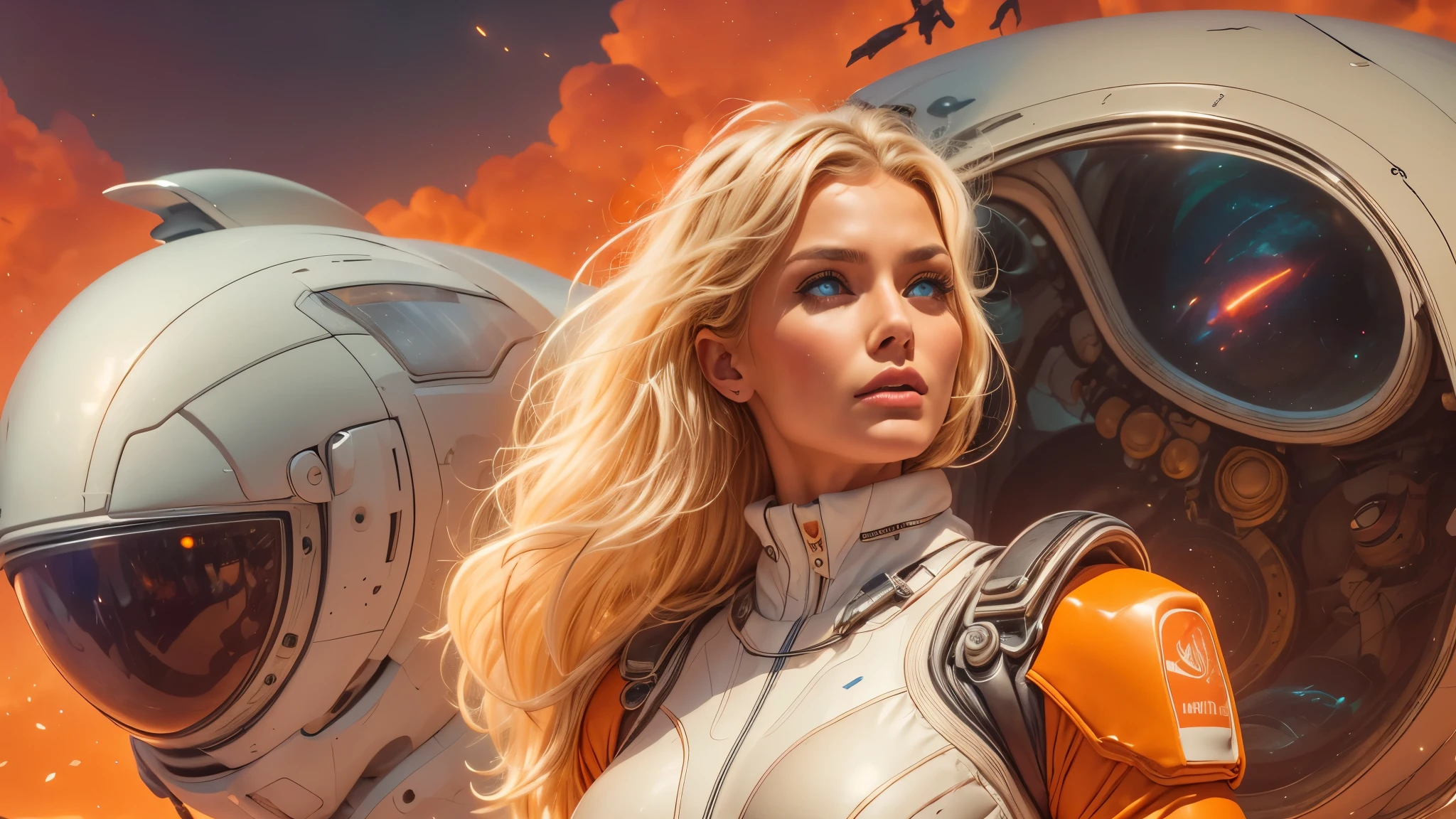 arafed image of a white woman in a futuristic suit with a spaceship in the background, movie art, in front of an orange background, inspired by Robert McGinnis, female protagonist, megastructure in the background, portrait of an ai astronaut, astronauts, an astronaut, portrait of a astronaut skeletor, perfect android girl, detailed eyes, perfectly detailed teeth, frank franzzeta and sakimichan  