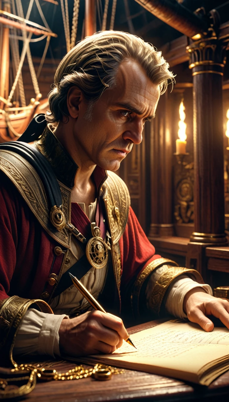 Cinematic style, Julius Caesar writing poetry on a pirate ship, digital UHD (k) image, cinematic film still dramatic side lighting, dramatic intense stare closeup portrait,  hdr,  shallow depth of field, vignette, highly detailed, high budget Hollywood film, cinemascope, moody, epic, gorgeous
, Highly detailed and clean, Photorealistic and cinematic masterpiece, professional photography, realistic, realism, 200k , Raytracing and light effect, digital, perfect composition, beautiful detailed intricate insanely detailed octane render trending on artstation, 8 k artistic photography, photorealistic concept art, soft natural volumetric cinematic perfect light, award - winning photograph, masterpiece, raphael, caravaggio, greg rutkowski, beeple, beksinski, giger