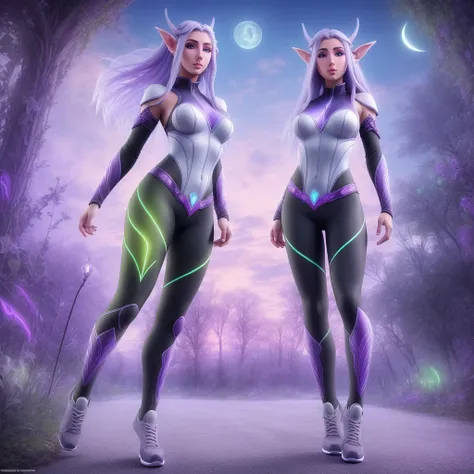 wide angle full body photograph, t pose and with legs and feet visible of a purple skinned night elf tyrande whisperwind with gr...