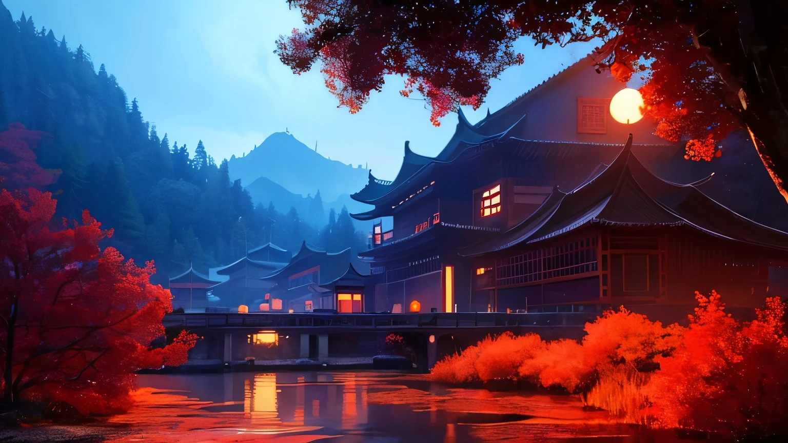 A detailed, serene Chinese village nestled in a lush red forest, surrounded by vibrant red flowers and towering red trees, with a mystical red moon shining overhead (best quality,4k,8k,highres,masterpiece:1.2),ultra-detailed,(realistic,photorealistic,photo-realistic:1.37),chinese temple,red forest,red flowers,higambana,red moon,wolf statue,intricate architectural details,dramatic lighting,ethereal atmosphere,vivid colors,cinematic composition