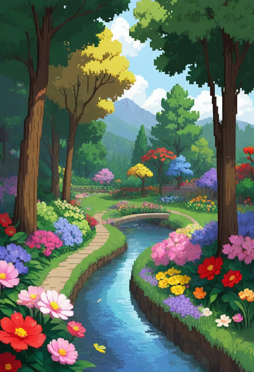 Pixel Art Generates beautiful and serene garden images, With colorful flowers, Gentle creek, and the sounds of nature. Showing calm, Life, And the beauty of a perfect day.