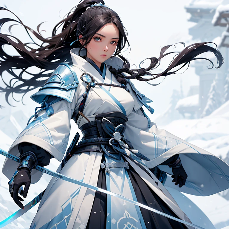 A female samurai dressed in an icy blue and white armor, her chest plate adorned with the emblem of a stylized snowflake. Her long hair, flowing past her shoulders, is tied back into a tight ponytail, held together by a chic silver hairpin. She stands in a regal pose, one hand resting on the hilt of her sword, the other holding a long, curved blade known as a naginata. The samurai's skin is pale, almost translucent, contrasting starkly with the vibrant blue of her eyes. Ice crystals glint in her eyelashes and sparkle on her armor, reflecting the faint light of a snow-covered battlefield. The snowflakes fall gently around her, dusting her armor and the frozen landscape in their ethereal beauty. The image conveys a sense of cold determination and unyielding strength, as if the samurai were a living embodiment of the harsh winter that has descended upon the land.