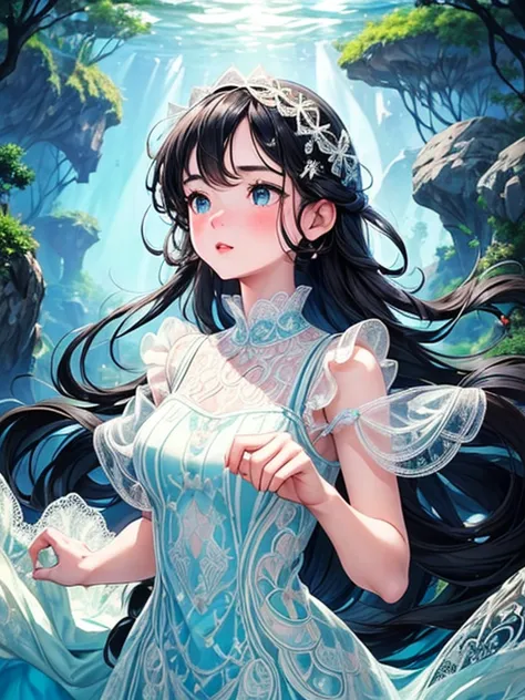 A girl immersed in clear water, Surrounded by tranquil underwater gardens. The girl is short, Jet black hair and flowing, A ligh...