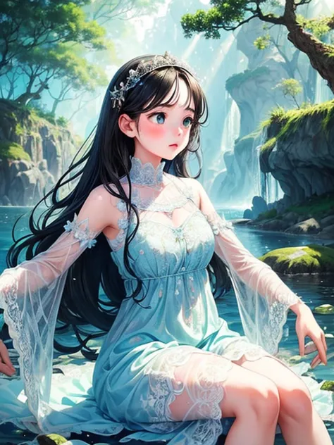 A girl immersed in clear water, Surrounded by tranquil underwater gardens. The girl is short，Jet black hair and flowing, A light...