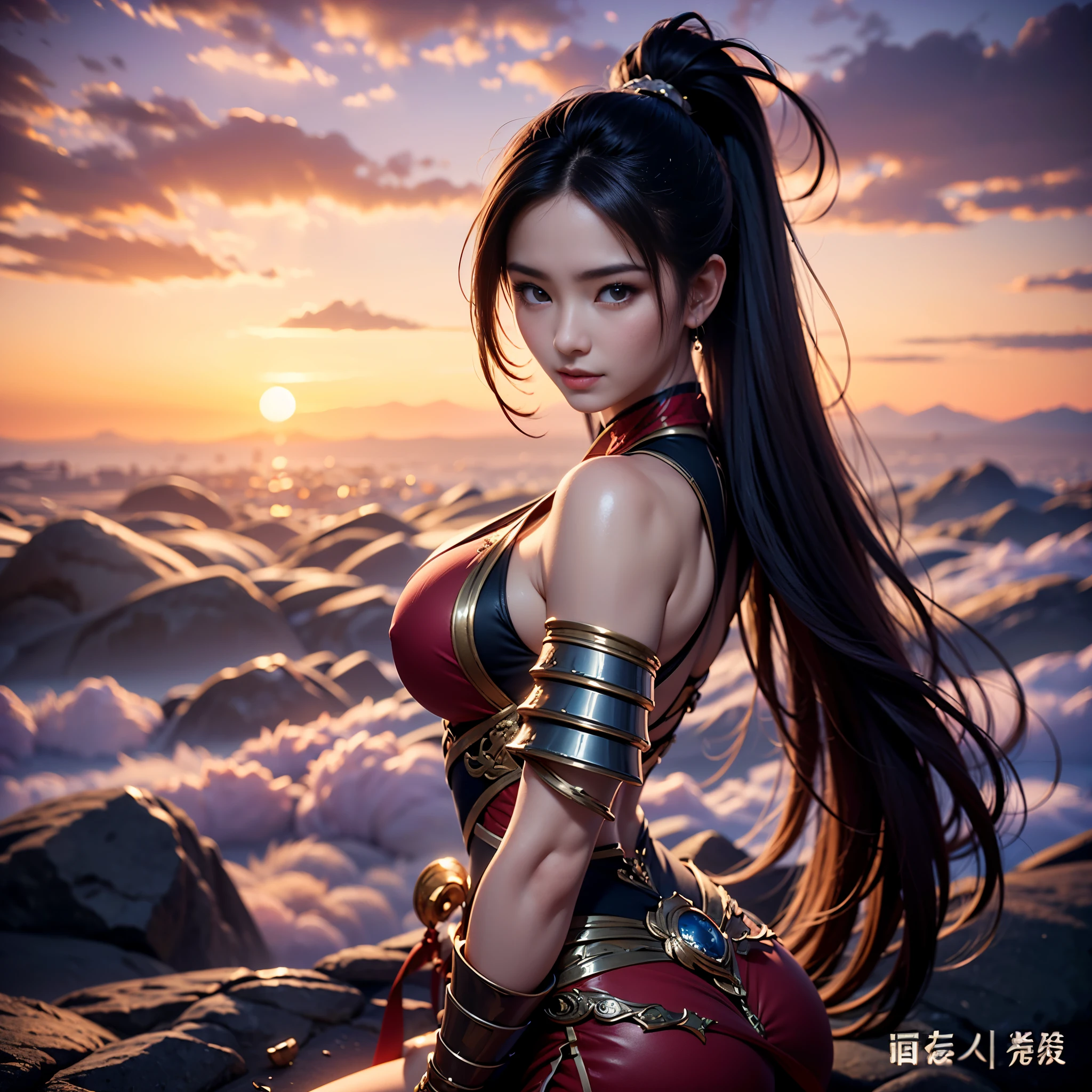 ((Full body portrait，Full body picture，Vision,The background is a sea of clouds，Mountain tops emerging from the sea of clouds，Sunset，The setting sun turned the sky red，Woman standing on the edge of a cliff。The woman has the face of an Asian goddess，Straight Hair，Long hair tied up in a high ponytail，Armor inlaid on smooth skin，Slender bare feet stepping on the stone，She looked up at the camera.。))((8k+Ultra-high resolution+Ultra-high definition+masterpiece+Very detailed+Awards+The award-winning)),(Perfect face+supermodel+Delicate skin+High Ponytail+Huge breasts+Perfect hands+Beautiful hands+Perfect hands指+Beautiful hands指+Perfect legs+Perfect feet),[[[muscle]]],(((Anatomically correct))) ，The picture is extremely sharp，The details are meticulous，High-quality；Clever light handling，Create a dramatic atmosphere；Brushstroke Master，Impeccable professionalism，A haunting work of art。