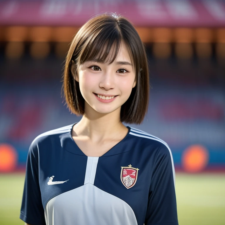 (kawaii 24 year-old Japanese girl, Nogizaka idol, Korean idol, soccer player), healthy female athlete body, glossy black hair, (very short hair, bangs:1.2), beautiful black eyes, rounded face, single eyelid, (no makeup:1.2), (big laughing), (soccer uniform:1.3), extra small breasts, BREAK, (soccer stadium background, summer sunlights:1.2), (dynamic angle, bust shot:1.2), BREAK, (masterpiece, best quality, photo realistic, official art:1.4), (UHD, 8K quality wallpaper, high resolution, raw photo, golden ratio:1.3), (shiny skin), professional lighting, physically based rendering, award winning, (highly detailed skin texture, extremely detailed face and eyes textures), Carl Zeiss 85 mm F/1.4, depth of field, (1girl, solo),