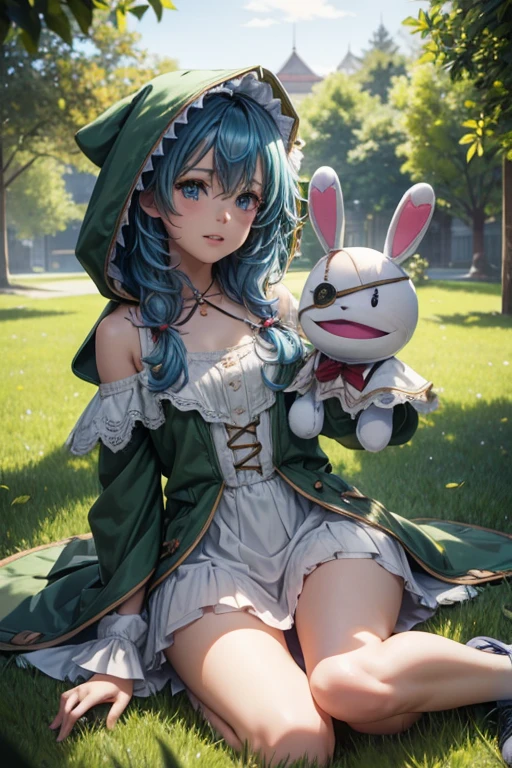 Masterpiece, best quality, best illustration, HDR, Beautiful details, intricate details, detailed scenery, dramatic light, best shadow. 1 girl, Yoshino, full body, green hooded coat, bare shoulders, long sleeves, wearing short white, shoes, blue hair break, long hair, detailed blue eyes, looking at viewer, blush, (smooth lips, teeth: 1 ,2), (detailed cute face with perfect symmetry), clavicle, hand puppet, rabbit puppet, eye patch, stuffed animal, stuffed toy, (body with perfect anatomy, perfect natural texture, high details, fur bright), outdoor break, sunlight, tree, lawn, sitting on the ground