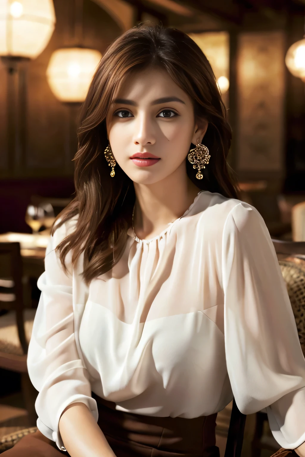 masterpiece, highest quality, Realistic, Very detailed, Finer details, High resolution, 8k wallpaper, One beautiful woman, Wear an elegant white see-through blouse, In a great restaurant, At night, Light brown messy hair, Perfect dynamic composition, Beautiful and beautiful eyes、Big earrings、Sitting in a chair、