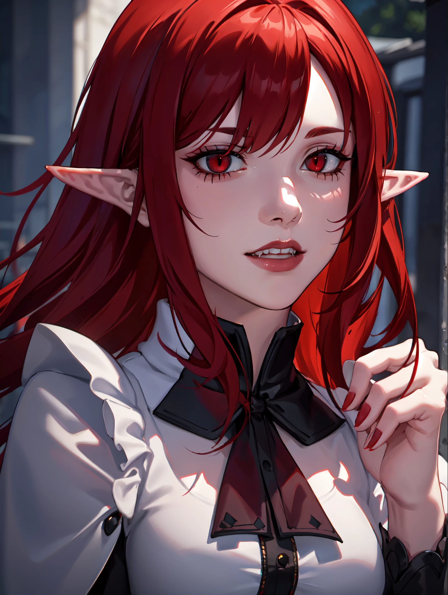 A mature female, red eyes,elf ears, evil smile, fangs teeth, close-up portrait, red hair, (best quality,4k,8k,highres,masterpiece:1.2),ultra-detailed,(realistic,photorealistic,photo-realistic:1.37),HDR,UHD,studio lighting,ultra-fine painting,sharp focus,physically-based rendering,extreme detail description,professional,vivid colors,bokeh,portrait
