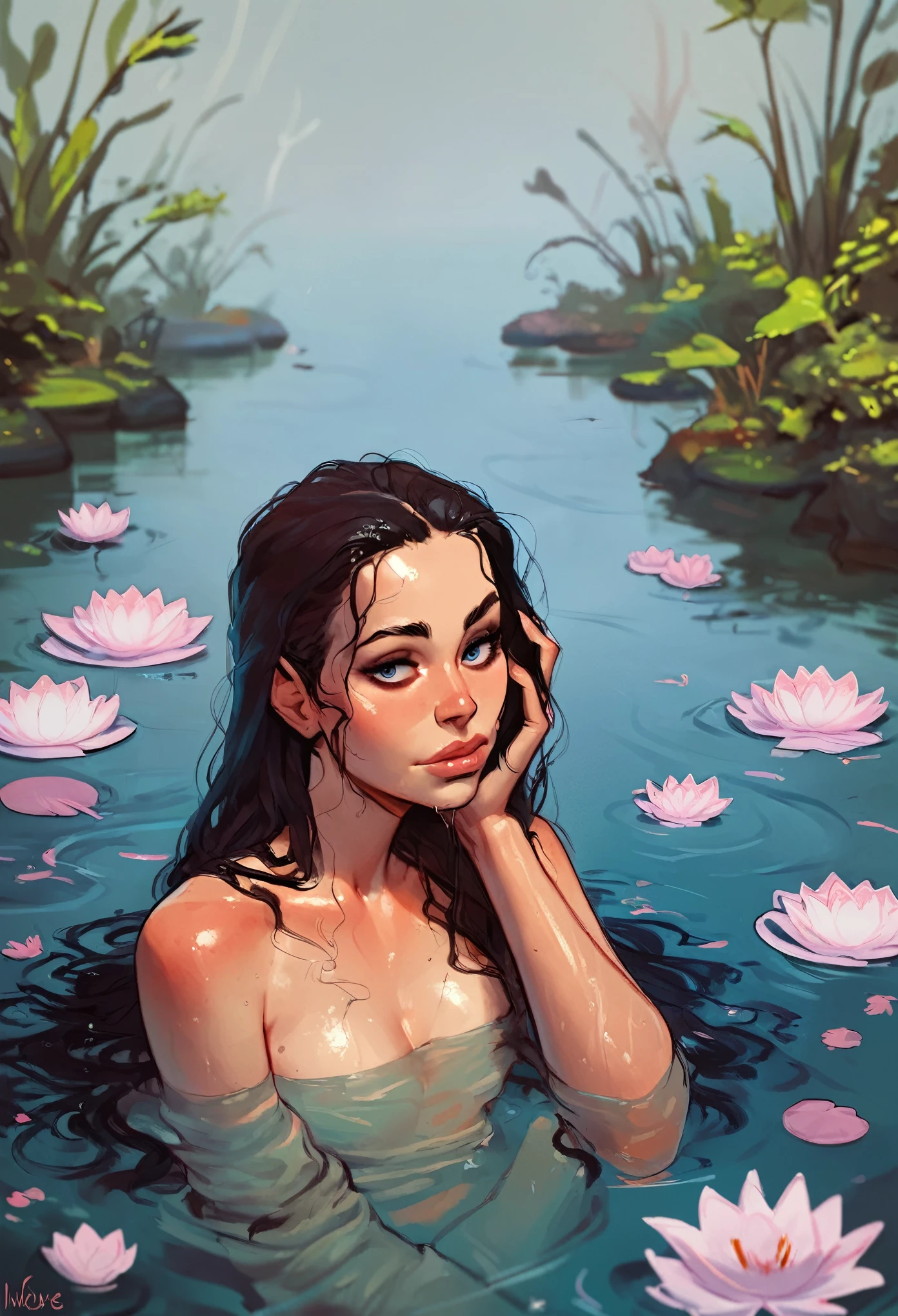 score_9, score_8_up, score_8, score_7_up, score_7, score_6_up, score_6, score_5_up, Score_5, rating_questionable, sexy girl, emerging from water, beautiful eyes, wet hair, lotus, in water, detailed, aesthetic, submerged, adjusting hair, posing