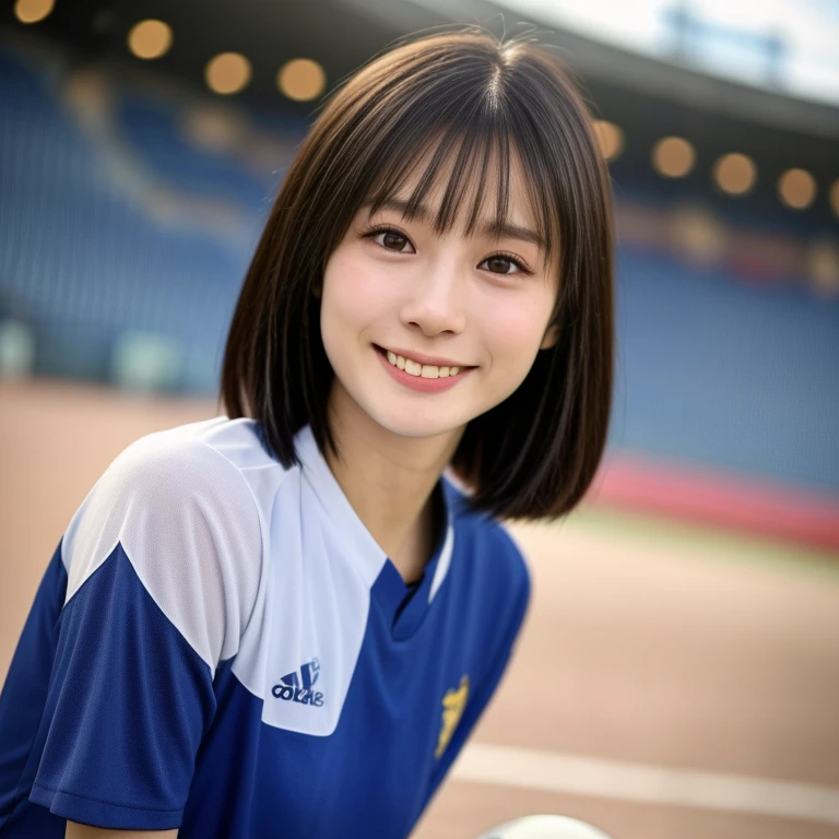 (kawaii 24 year-old Japanese girl, Nogizaka idol, Korean idol, soccer player), healthy female athlete body, glossy black hair, (very short hair, bangs:1.2), beautiful black eyes, rounded face, single eyelid, (no makeup:1.2), (big laughing), (soccer uniform:1.3), extra small breasts, BREAK, (soccer stadium background, summer sunlights:1.2), (dynamic angle, bust shot:1.2), BREAK, (masterpiece, best quality, photo realistic, official art:1.4), (UHD, 8K quality wallpaper, high resolution, raw photo, golden ratio:1.3), (shiny skin), professional lighting, physically based rendering, award winning, (highly detailed skin texture, extremely detailed face and eyes textures), Carl Zeiss 85 mm F/1.4, depth of field, (1girl, solo),