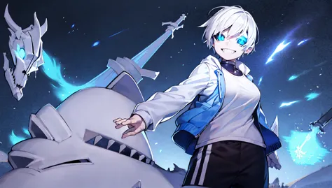 toby fox undertale sans blue jacket white shirt,fire eyes, skull, smile, white short hair, glowing sexy keel cannon, standing in...