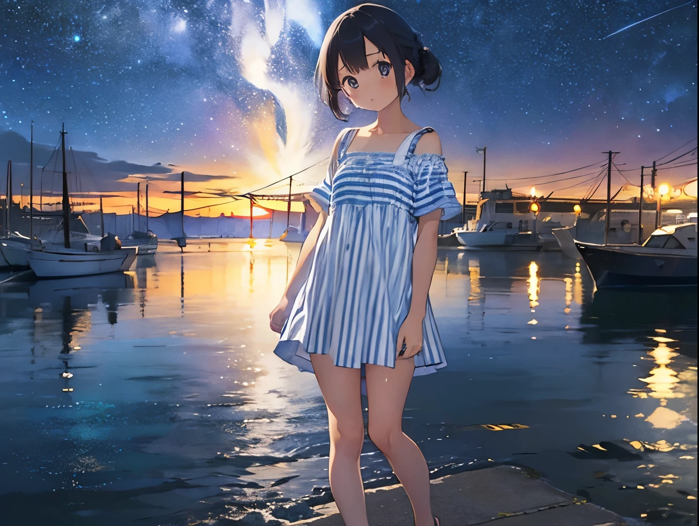 Osa Mayor、Vista nocturna de la ciudad portuaria y el cielo estrellado.、Vestido camisero de rayas verticales azul y blanco、Sandalias para pies descalzos、hermanas、ワンピースがふわりとめくれてLinda ropa interior blancaが見える、Linda ropa interior blanca