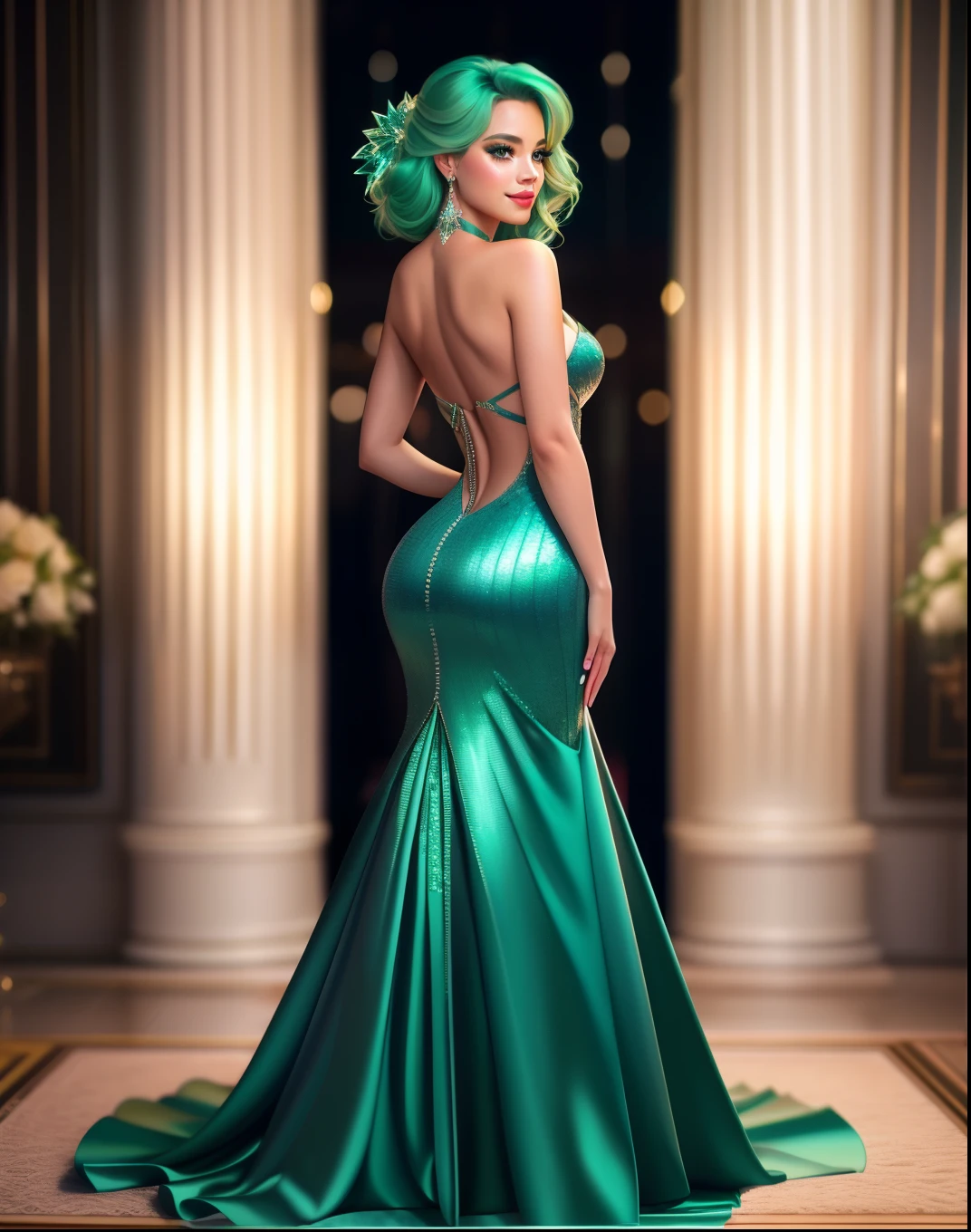 cóctel_vestido, obra maestra, alta calidad, 4k, Bonito diseño, brillante, desde el frente, foto premiada, extremadamente detallado, Asombroso, buen detalle, absurdos, Mujer de cabello verde muy detallada, extremadamente detallado, por lee jeffries nikon d850 película fotografía de stock 4 cámara kodak portra 400 f1.6 lentes colores ricos textura realista hiperrealista iluminación dramática motor irreal tendencia en artstation cinestill 800 tungsteno, 1 chica, solo, mirada expresiva, (sonriendo seductoramente,labios hinchados, [Elsa Jean|Sophia Loren]:1.155) hdr, de la máxima calidad, vestido sexy, enfoque nítido, mirando al espectador, 4k,ojos verde esmeralda bellamente detallados,Una mujer con un vestido largo de pie en una habitación, vista trasera, vestido trasero desnudo , wearing a cóctel_vestido upper body focus, espalda muscular 