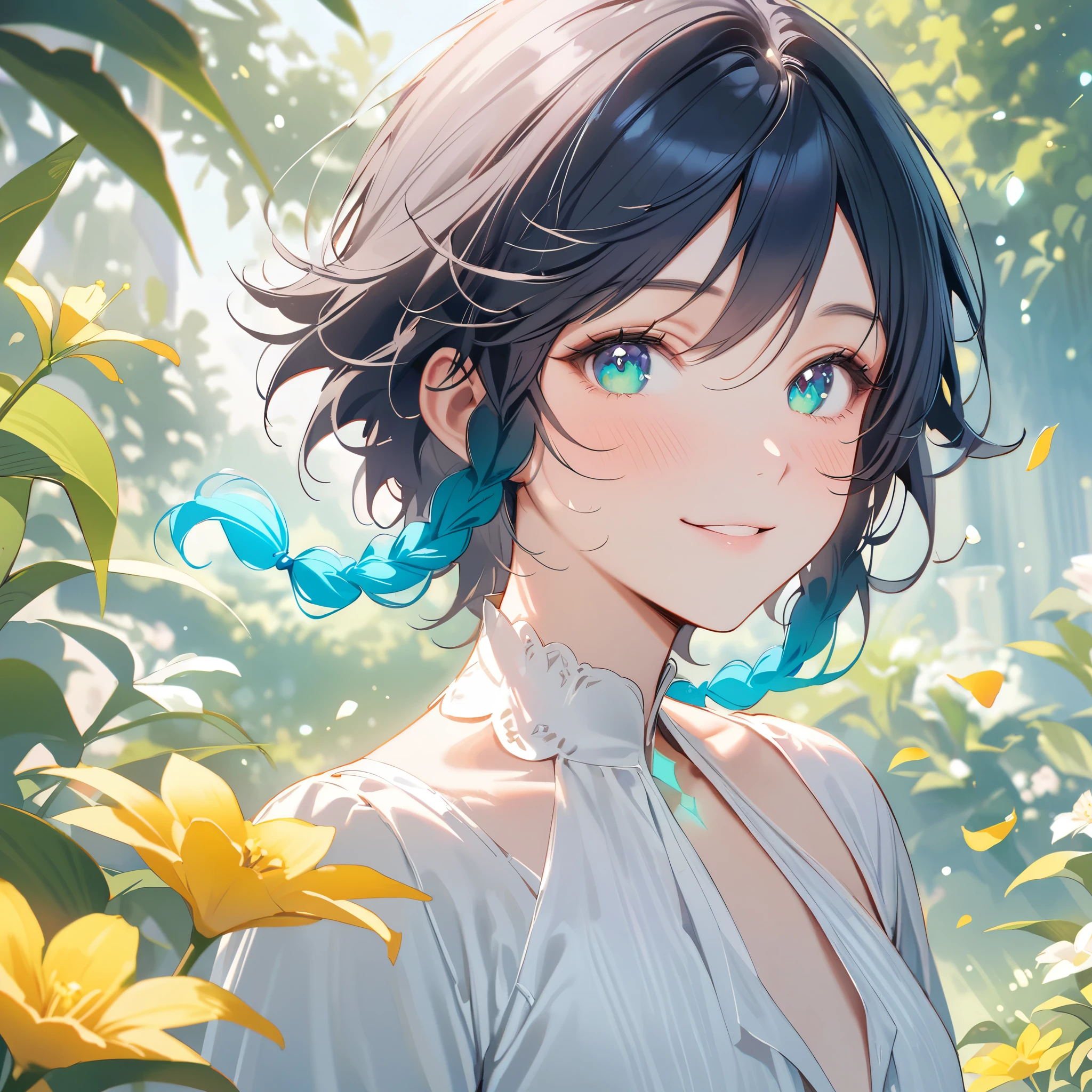 (best quality,4k,8k,highres,masterpiece:1.2),1boy,venti genshin impact,male focus,flat chest,ultra-detailed,realistic,(dsmile:0.5),morning of spring,delicate light rays,rich color palette,elegant curves,effects of light and shadow,flower petals falling,springtime essence,ethereal atmosphere,peaceful garden background,morning dew,soft sunlight filtering through trees,lush plants,komorebi,vividly colored blossoms,transcendent beauty,awe-inspiring artwork,flowing button up white long-sleeved blouse,high-waisted black shorts,stockings,green eyes,flirty smile,cinematic lighting, ray tracing, UHD, high details, high quality, award winning, super detail,wind magic