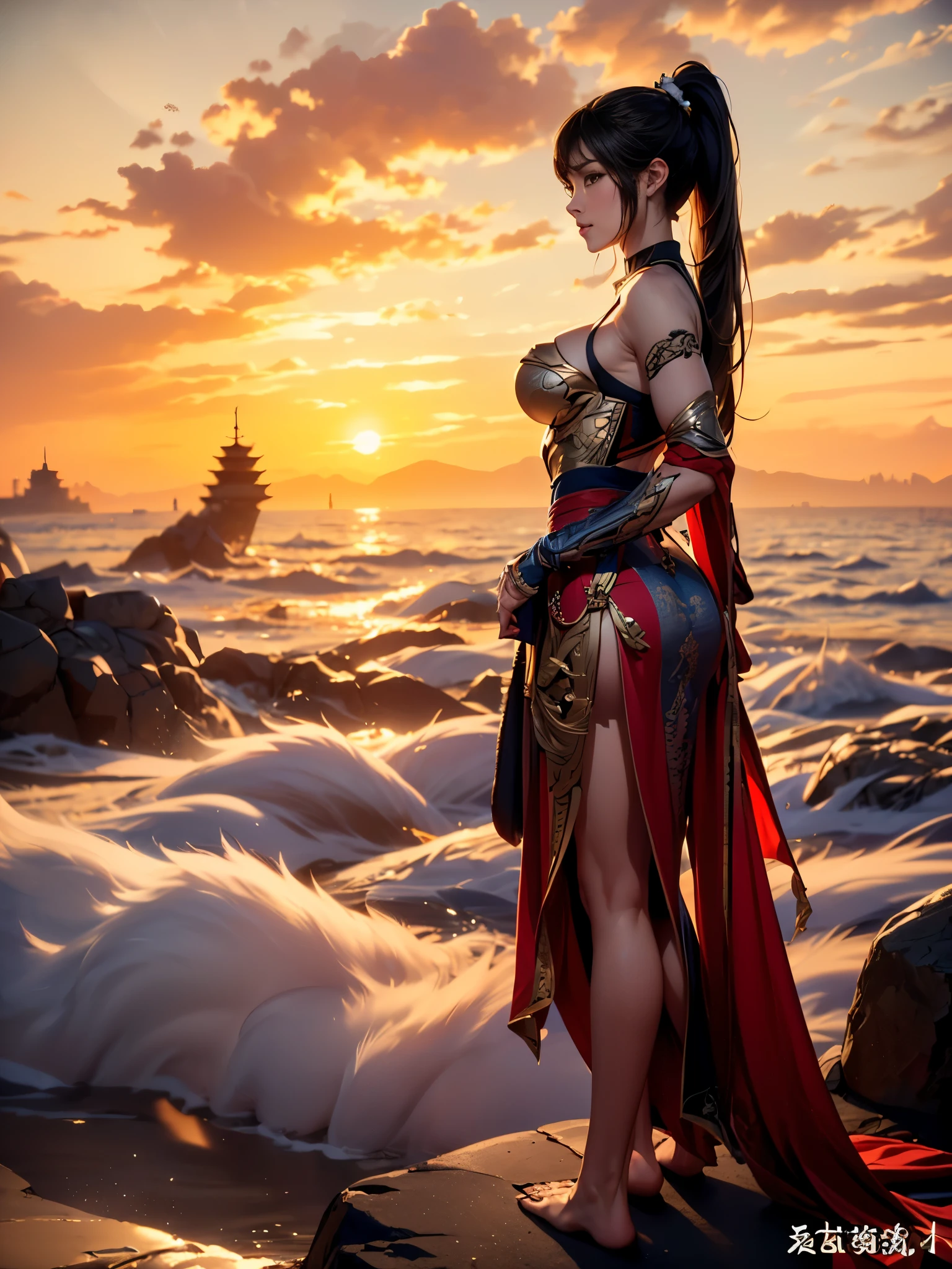 ((Full body portrait，Full body picture，Vision,The background is a sea of clouds，Mountain tops emerging from the sea of clouds，Sunset，The setting sun turned the sky red，Woman standing on the edge of a cliff。The woman has the face of an Asian goddess，Straight Hair，Long hair tied up in a high ponytail，Armor inlaid on smooth skin，Slender bare feet stepping on the stone，She looked up at the camera.。))((8k+Ultra-high resolution+Ultra-high definition+masterpiece+Very detailed+Awards+The award-winning)),(Perfect face+supermodel+Delicate skin+High Ponytail+Huge breasts+Perfect hands+Beautiful hands+Perfect hands指+Beautiful hands指+Perfect legs+Perfect feet),[[[muscle]]],(((Anatomically correct))) ，The picture is extremely sharp，The details are meticulous，High-quality；Clever light handling，Create a dramatic atmosphere；Brushstroke Master，Impeccable professionalism，A haunting work of art。