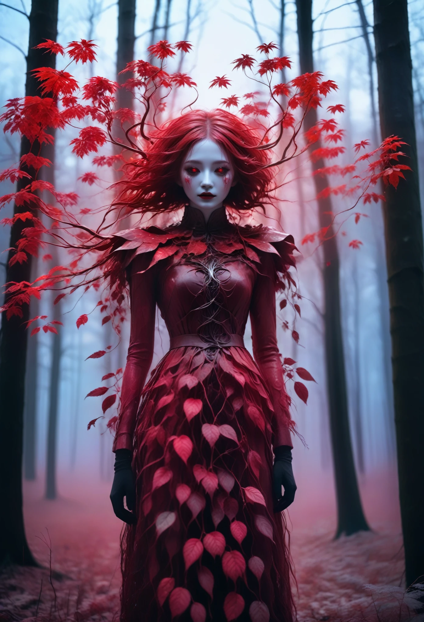 由死去的红色植物组成的恐怖女孩, 日落时分的冬日森林里, 高饱和度,