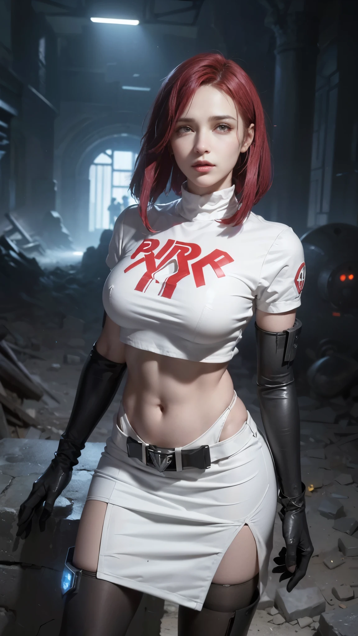 (La Best Quality,A high resolution,Ultra - detailed,actual),team rocket,(short red hair :1.4), (team rocket uniform:1.4) , red letter R, (white skirt:1.4) ,(white crop top:1.4) ,black thigh-highs, (black elbow gloves:1.4) ,,(Cyberpunk ruined dungeon ruins background :1.4 ), (team rocket uniform:1.4), (team rocket uniform V2.1), More detailed 8K.unreal engine:1.4,UHD,La Best Quality:1.4, photorealistic:1.4, skin texture:1.4, Masterpiece:1.8,first work, Best Quality,object object], (detailed face features:1.3),(The correct proportions),(Beautiful blue eyes),  (dynamic cowboy pose), (perfect anatomy :1.4), (bright colors), ,(Cyberpunk big stones ruined dungeon ruins background :1.4 ), (cinematic lighting :1.4) 
