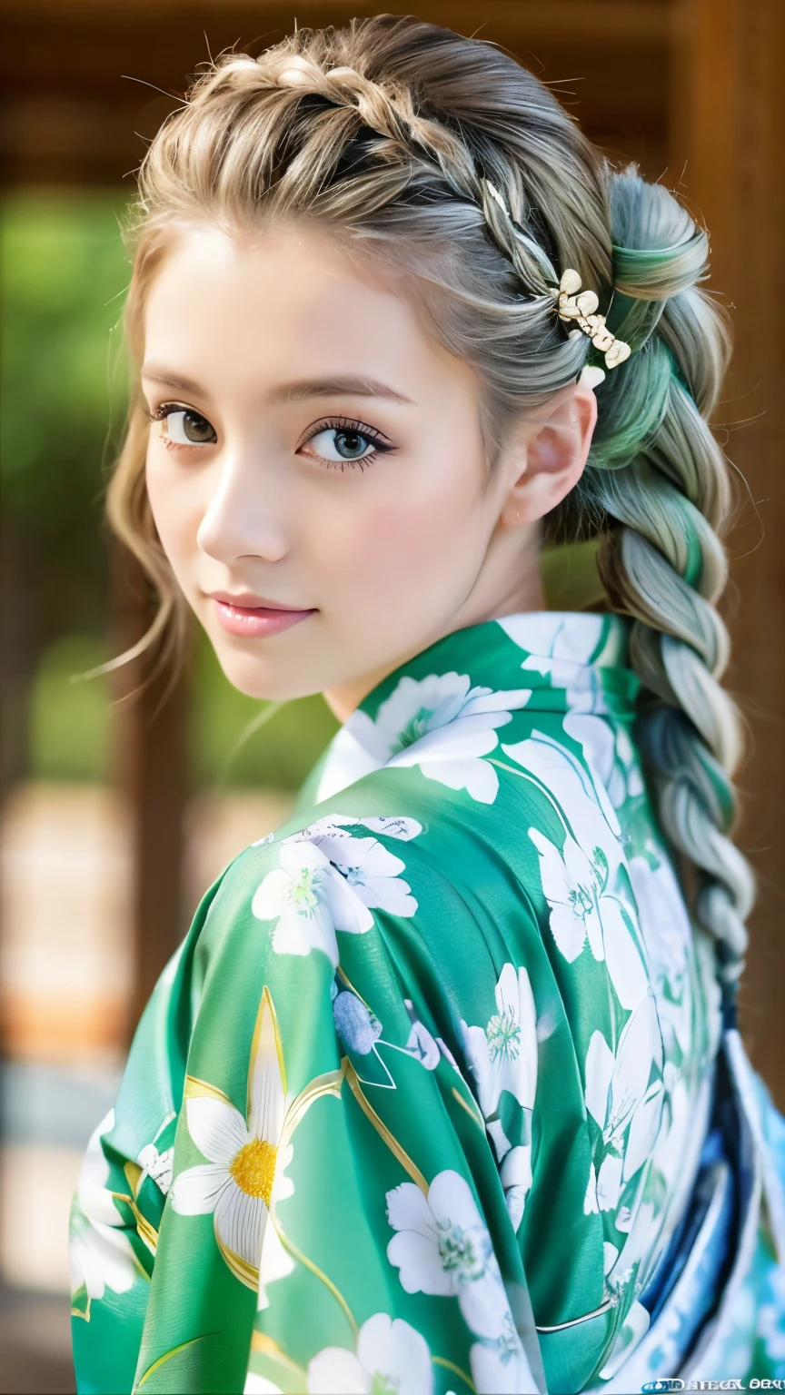 그녀는 기모노 모델이다、화려한 꽃무늬 기모노、은빛 머리 땋은 머리、파란 눈、녹색 기모노、어깨에서 떨어져
