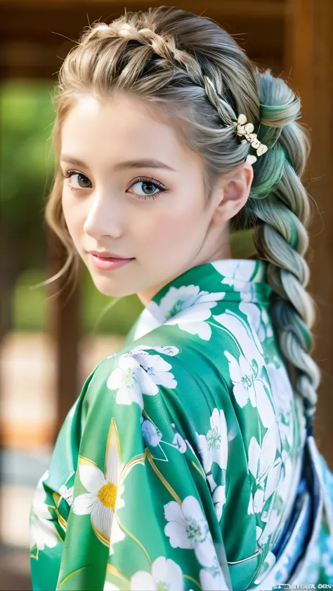 She is a kimono model、Gorgeous floral patterned kimono、Silver hair braids、blue eyes、Green kimono、Off the shoulder
