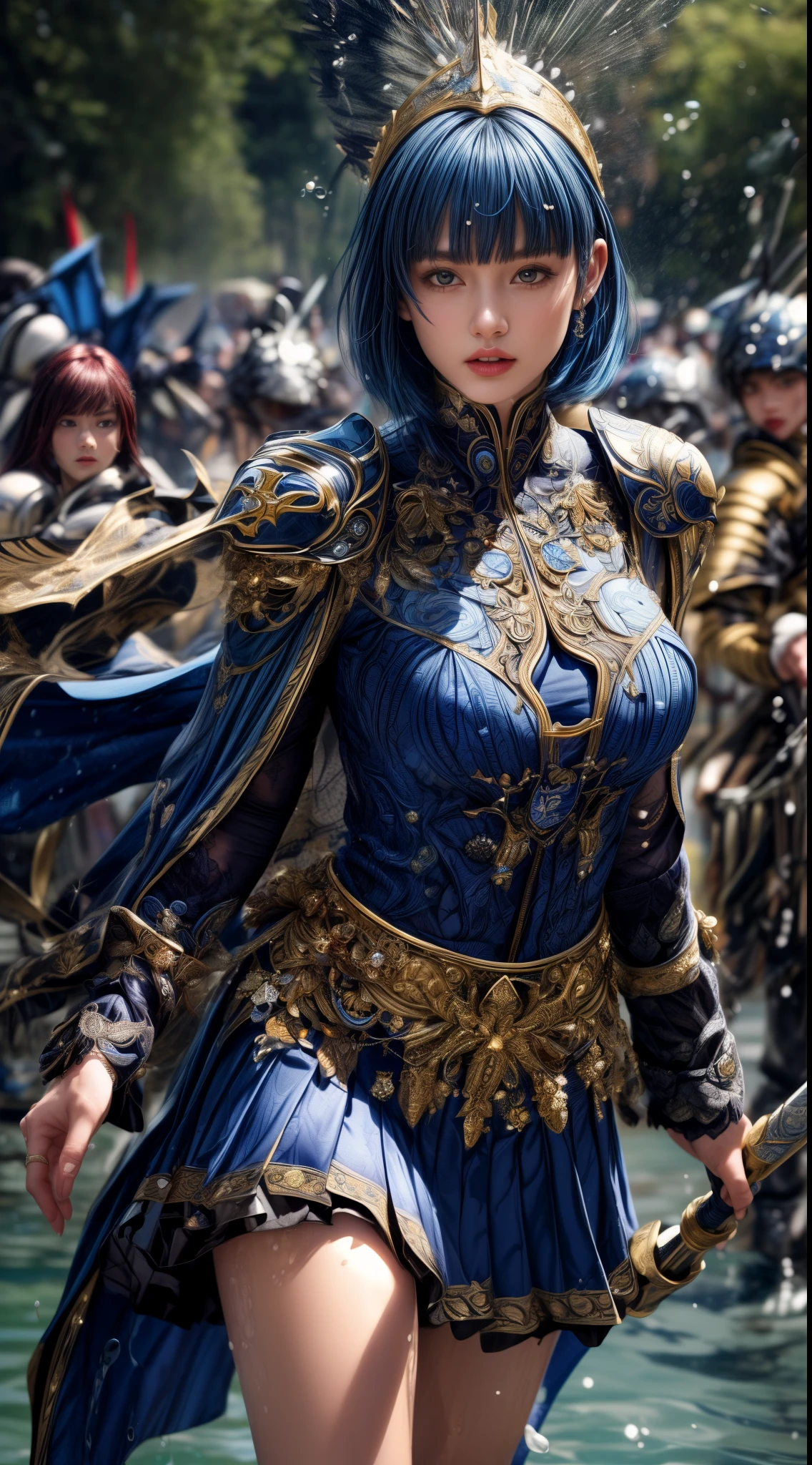 Very beautiful woman、Slender women、(Detailed face)、Realistic Skin、((holy knight)), ((Navy Blue Armor))、((((Black armor with very fine and intricate decoration:1.1))))、((Delicate photo))，(Girl Astepeace RAW Photo Details:1.25), (highest quality:1.6), (超A high resolution:1.5), (Realistic:1.75), 8K resolution, Canon EOS R5, 50mm, Absurd, Ultra-detailed,Cinema Lighting,((battlefield))、((battle))、(((Navy Skirt with Embellishments)))、Thigh-high socks、Shin Guards、((Dark blue hair))、((Bowl cut hairstyle with bangs,))、Get six-pack、Cape、Beautiful Armor、(((Has a huge weapon)))、(In combat)、The wind is blowing、((Symmetrical Armor))、((((Splash))))、(((Leading a large group of blue knights:1.2)))、Banner、Armor with a dragon motif、(((Battle Scene)))