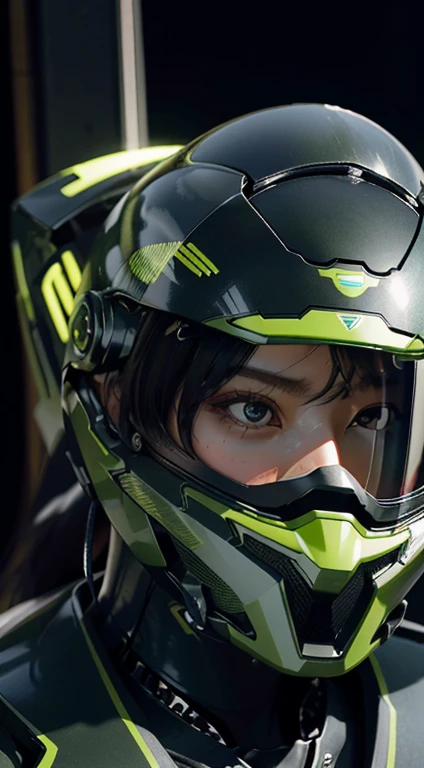 Best image quality, Great details, Ultra-high resolution, (reality: 1.4), Best illustrations, Offer details, One concentrated girl, has a delicate and beautiful face, Wearing a black and green mech, Wearing a mecha helmet, Preserve Orientation, Riding on motorcycle, Background futuristic city high tech lighting scene.Transformation Belt、闘いて👔が破れて下着が見えている