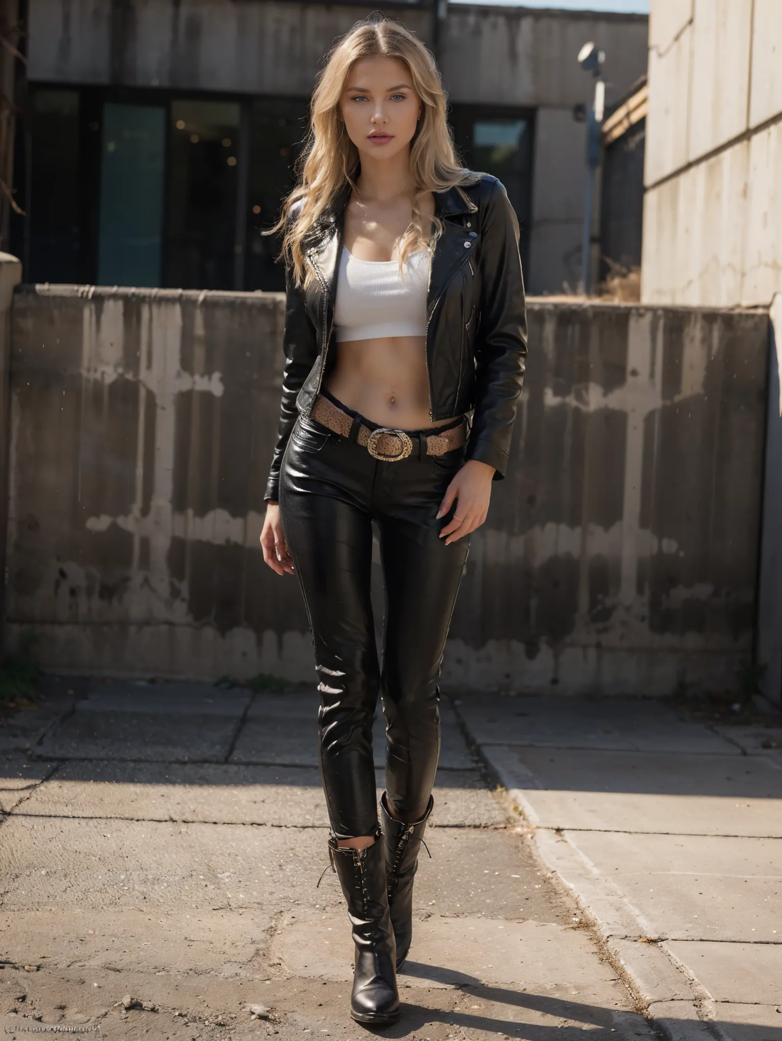 full body woman 25 years old blue eyes very, very long blonde wavy hair blown by the wind in a leather jacket black leather pants brown leather western boots highly detailed intricate light shadow effects digital bright colors sharp shadows