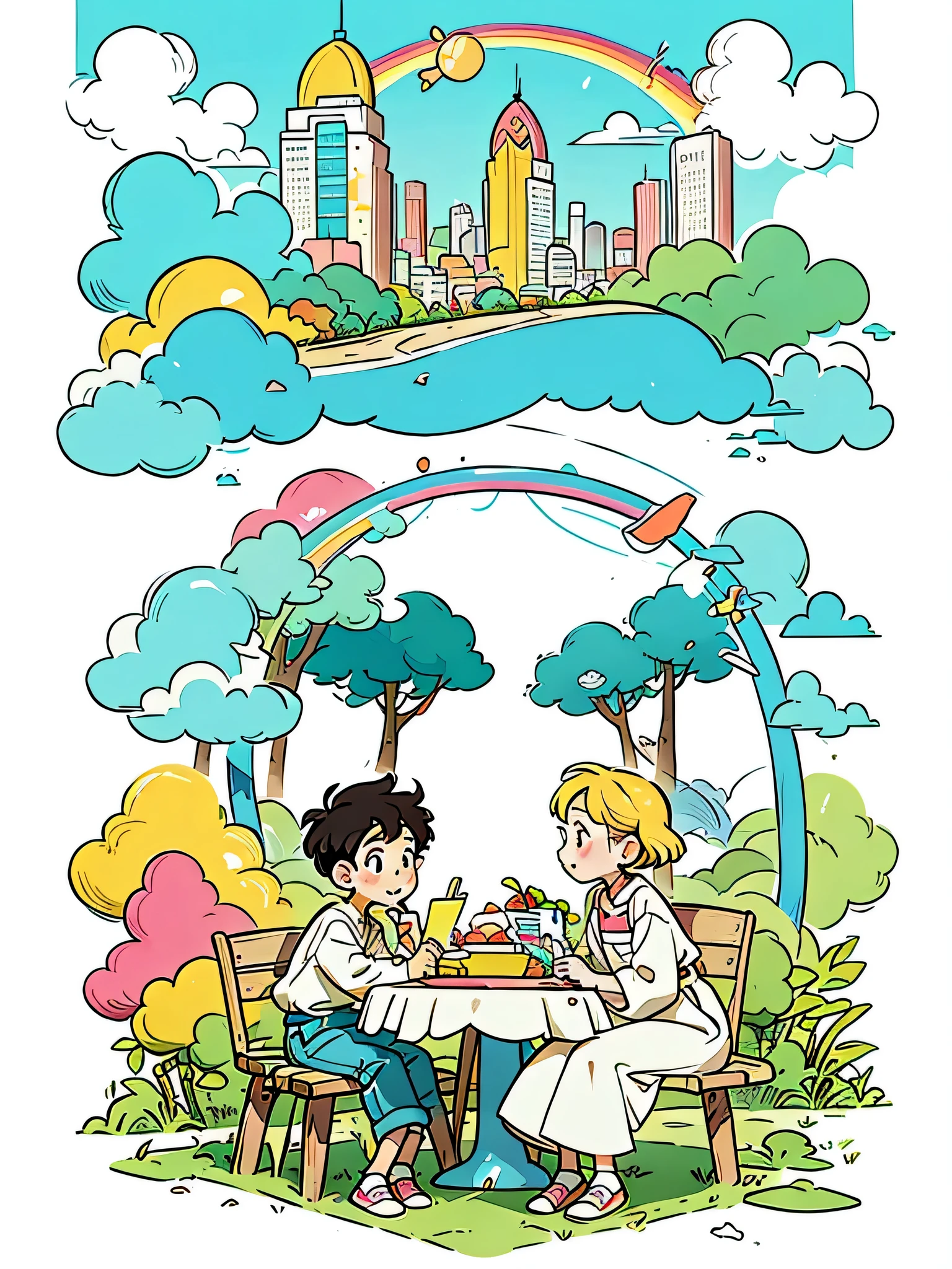 Vector illustration of young, fashionable men and women picnicking in the park, with flowing lines and warm colors set against a white background. The scene captures the essence of a modern, stylish park environment, where young people gather to relax and enjoy each other's company. The design features clean, simple lines and a limited color palette, emphasizing the sophisticated beauty of the urban park setting. The characters, with their youthful energy and trendy outfits, embody the vibrancy and grace of city life. The super saturated, vivid, and bright colors, rendered in a pop art vector style, lend a sense of surrealism and whimsy to the scene, creating a visually captivating and memorable composition.