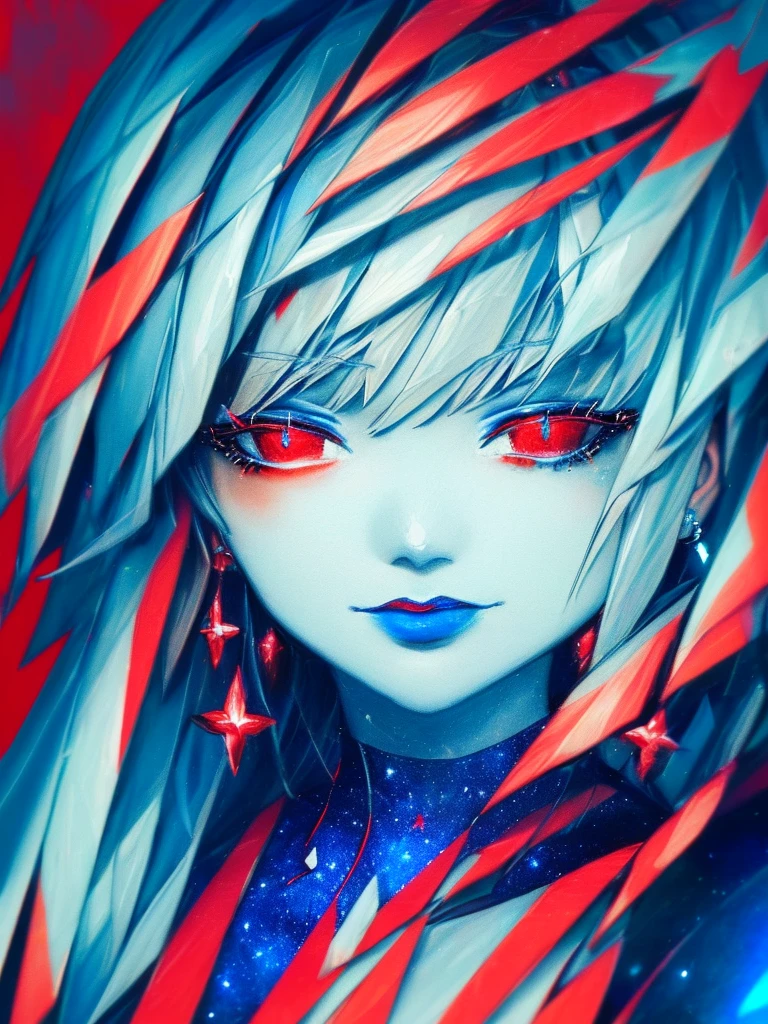 Complex writing、(Masterpiece:1.6)、((((Close-up of a person with red and blue background:1.6), portrait of a cosmic entity, strange portrait with galaxy, in the astral plane ))), (Detailed eyes, Eyes Like Gems, Sparkling eyes:1.3)、astral appearance, galactic dmt entity, nebula aura surrounding subject, glowing black aura, cosmic entity, galactic entity, galactic deity, cosmic horror entity, high quality astral、projection rendering, portrait of a cosmic god, astral ethereal