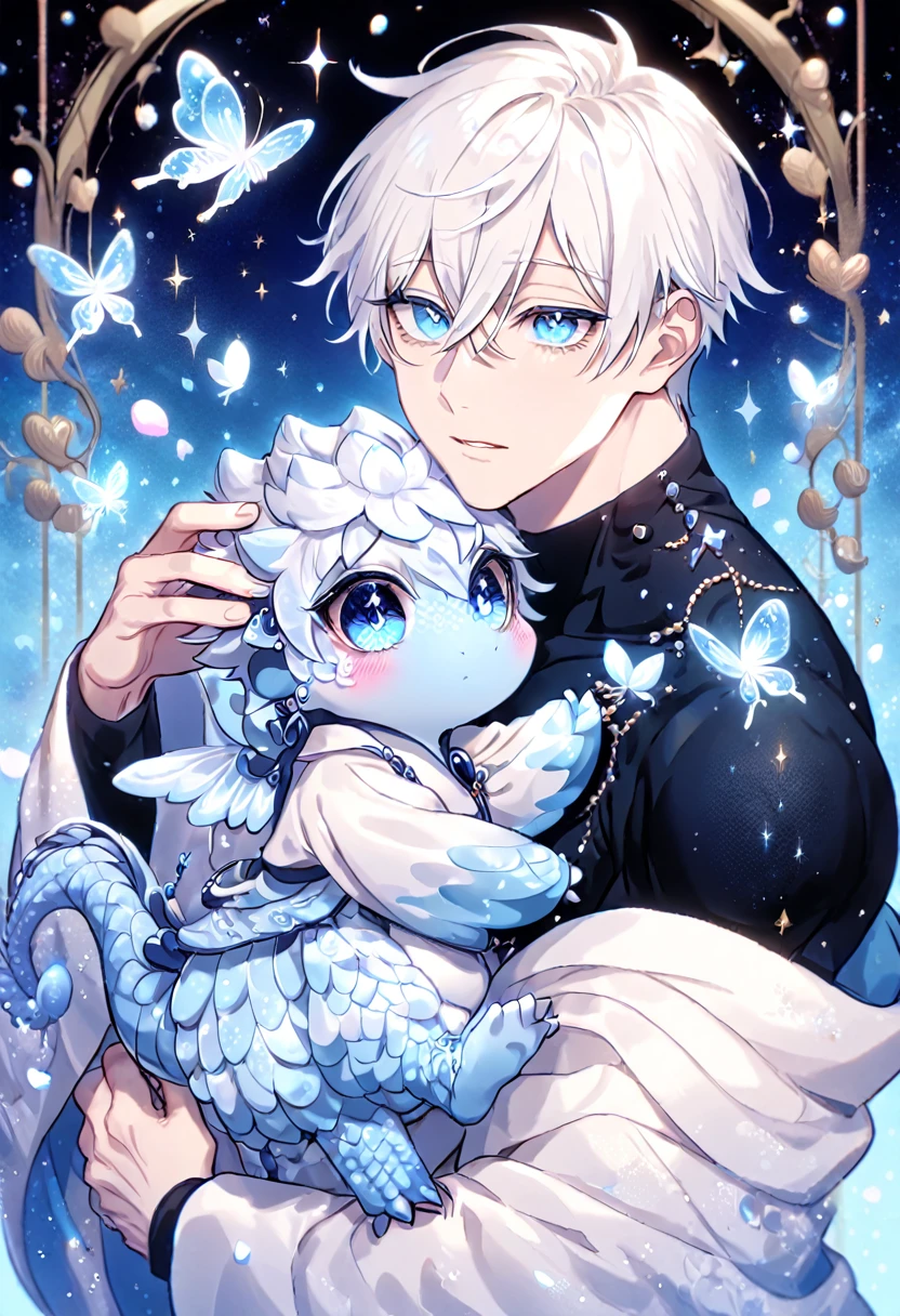 Ultra detailed, Highres, absurdres, HDR, Gojo Satoru, white hair with bangs, expressive blue eyes, hair between the eyes, white eyelashes, white haori with patterns, Jujutsu Kaisen, black tight shirt, fantasy, glittering blue butterflies, petals, handsome, sexy man, very detailed eyes and face, master piece, glittering, blue lotus, blue sapphire background, hugging a blue dragon, cute, love, magical, toned chest