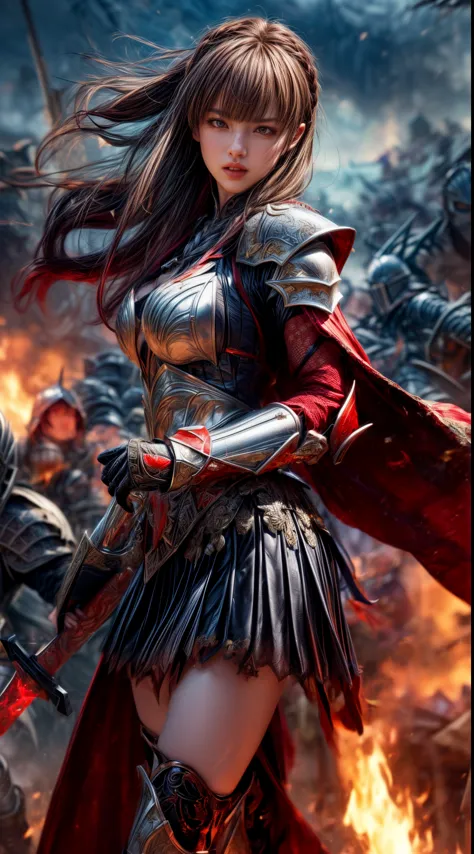 Very beautiful woman、Slender women、(Detailed face)、Realistic Skin、((Knight of Fire)), (((Crimson armor:1.25)))、((((Black armor w...