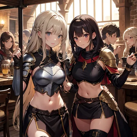 a group of  female medieval fantasy adventurers, (in tavern), various hair styles, harem, night, details face, short skirt, sedu...