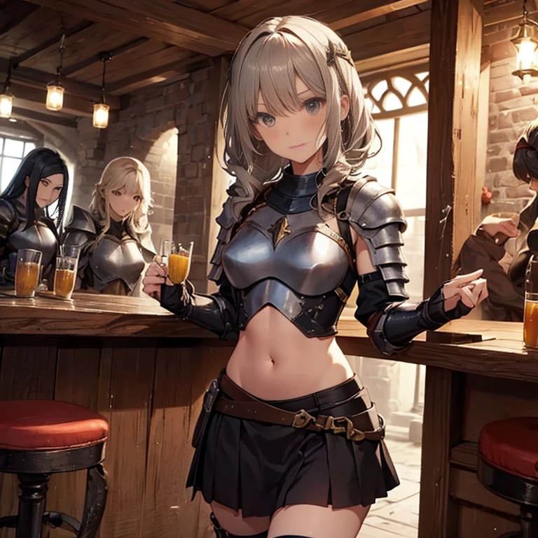 A group of  female medieval fantasy adventurers, (in tavern), various hair styles, harem, night, details face, short skirt, seducing, sleeveless, armor, midriff, pillory