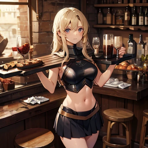 A group of  female medieval fantasy adventurers, (in tavern), various hair styles, harem, night, details face, short skirt, seducing, sleeveless, armor, midriff, pillory