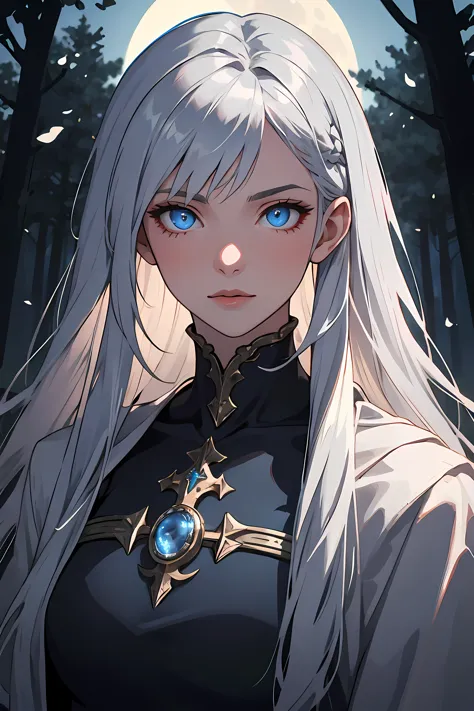 Masterpiece, best quality,  Aasimar, twilight cleric, silver hair, blue eyes, glowing eyes, moonlit forest, female
