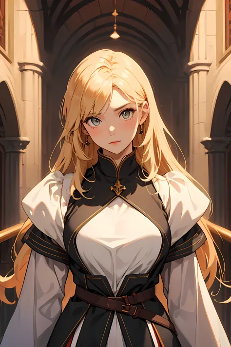 Masterpiece, best quality, Beautiful girl with blond hair, tanned skin, copper-colored eyes, wearing a medieval outfit.
