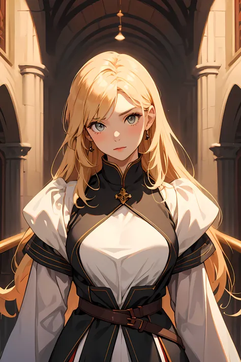 masterpiece, best quality, beautiful girl with blond hair, tanned skin, copper-colored eyes, wearing a medieval outfit.