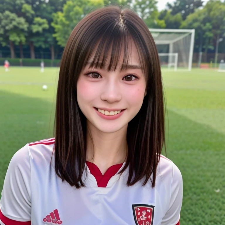 (kawaii 24 year-old Japanese girl, Nogizaka idol, Korean idol, soccer player), healthy female athlete body, (glossy black hair, very short hair, bangs:1.3), beautiful black eyes, rounded face, single eyelid, (no makeup:1.2), (big laughing:1.2), (soccer uniform:1.3), extra small breasts, BREAK, (turf in the park background, summer daytime:1.2), (dynamic angle, bust shot:1.2), BREAK, (masterpiece, best quality, photo realistic, official art:1.4), (UHD, 8K quality wallpaper, high resolution, raw photo, golden ratio:1.3), (shiny skin), professional lighting, physically based rendering, award winning, (highly detailed skin texture, extremely detailed face and eyes textures), Carl Zeiss 85 mm F/1.4, depth of field, (1girl, solo),