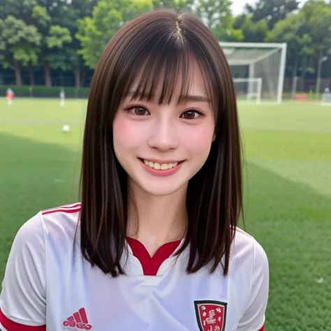 (kawaii 24 year-old Japanese girl, Nogizaka idol, Korean idol, soccer player), healthy female athlete body, (glossy black hair, ...