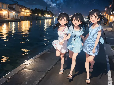 Big Dipper、Night view of the port town and starry sky、Light blue striped shirt dress、Sandals for bare feet、Sisters flipping each...