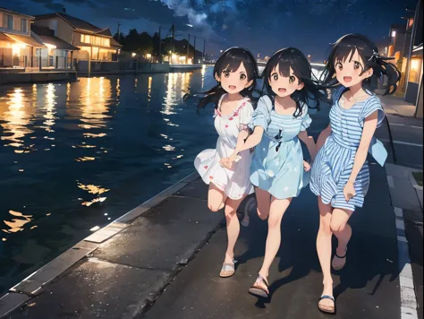 big dipper、night view of the port town and starry sky、light blue striped shirt dress、sandals for bare feet、sisters flipping each...