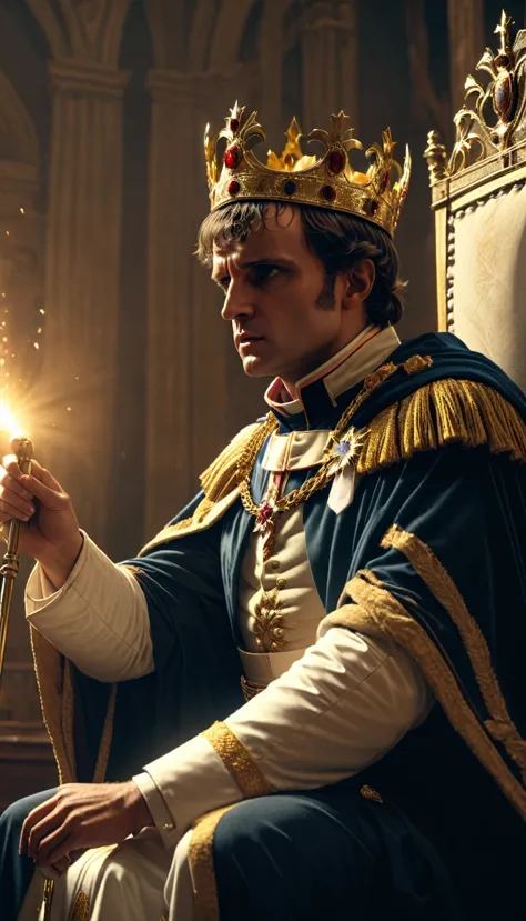 Create an image showing Napoleon Bonaparte dramatically nailing the crown from the pope's hands and crowning himself during a ma...