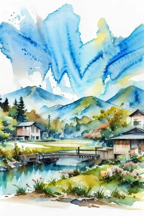 Watercolor Landscape, Scenery of the Japanese countryside,