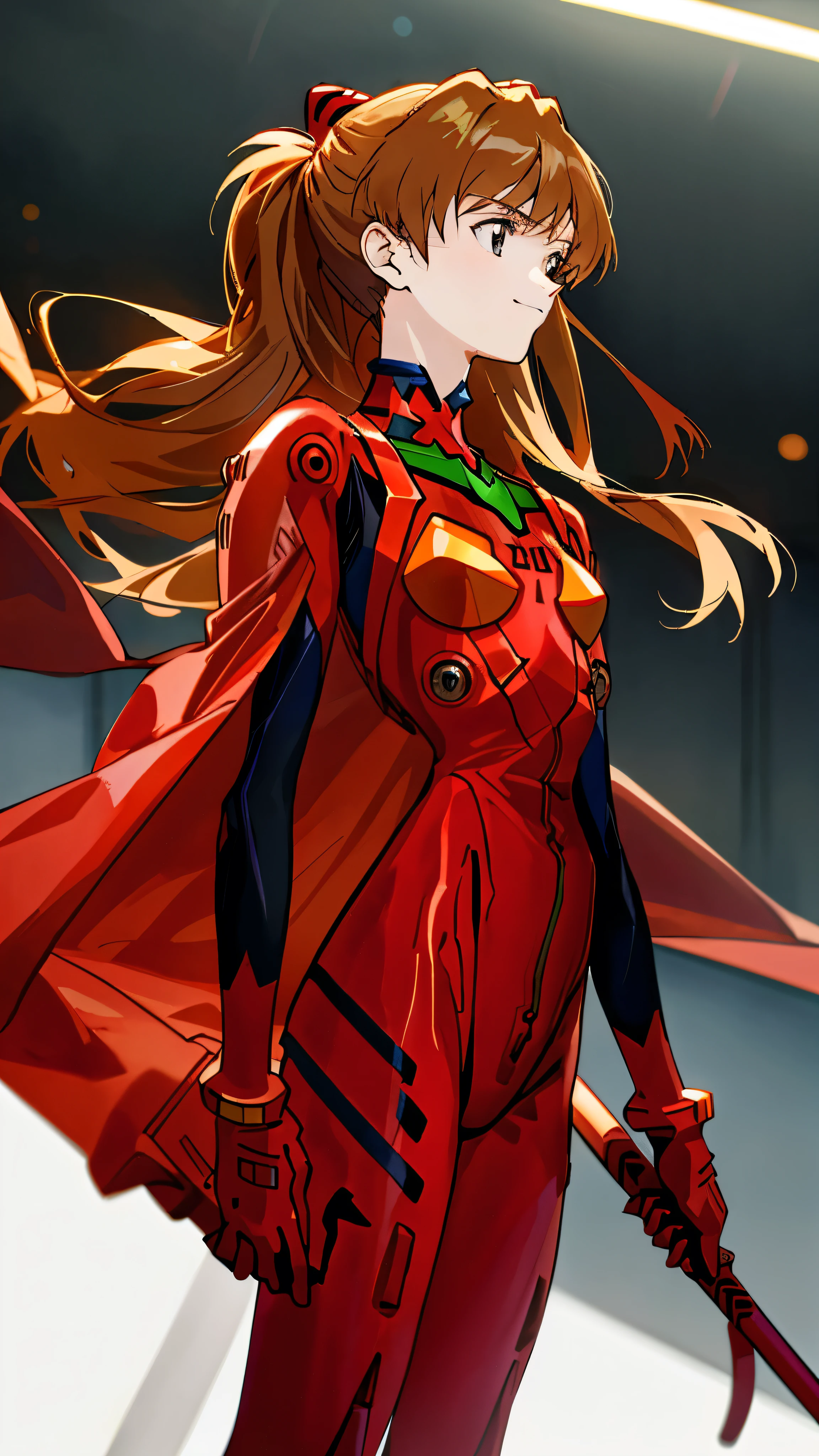 Anime girl standing solo in a Neon Genesis EVANGELION scene, showcasing the 19-year-old Asuka Langley. With her short, stylish bangs framing her detailed, hazel brown eyes, she dons a high-resolution, original outfit, featuring a white knight long cape attached at the waistline in a sheath. Her medium-sized bust is concealed by a red armored suit, and she exudes a confident smile while looking directly at the audience. The background is a beautifully crafted Western-style room adorned with neon elements, creating a surreal atmosphere. Asuka confidently places her hand on her chest, accentu