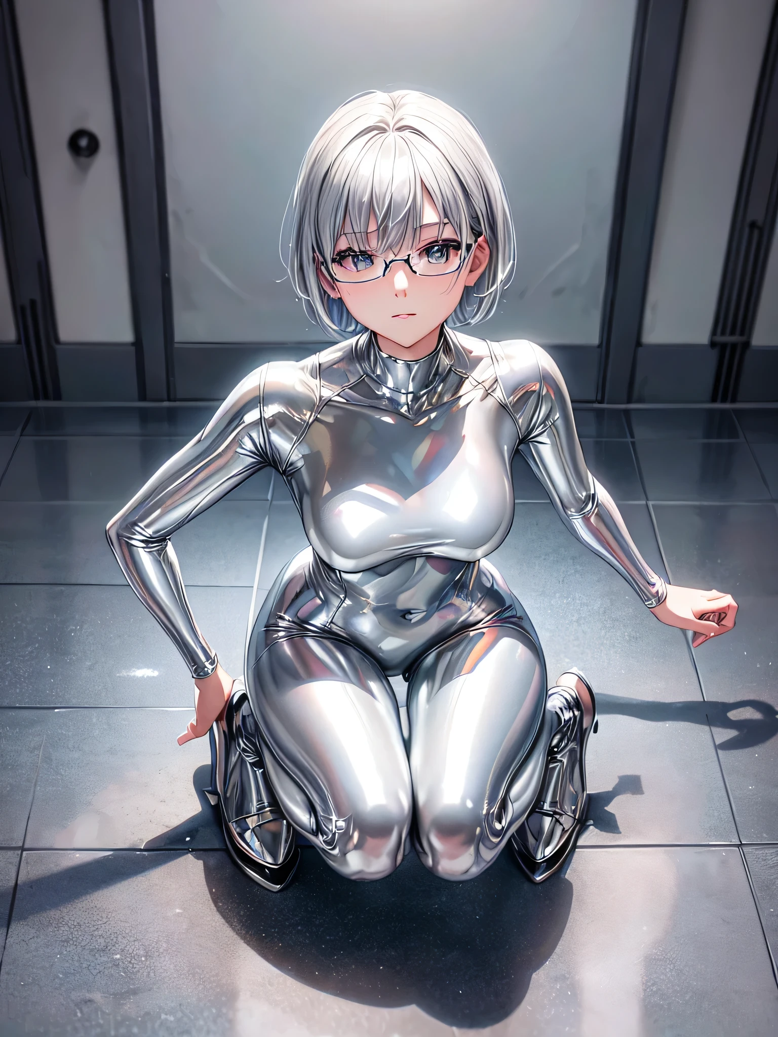 Highest quality 8K UHD、Mastepiece、Close-up、short hair、M-shaped legs、squat、Silver Hair、Glasses、Shiny silver tights、A beautiful woman wearing a full-body silver metallic suit、Full body silver metallic rubber suit